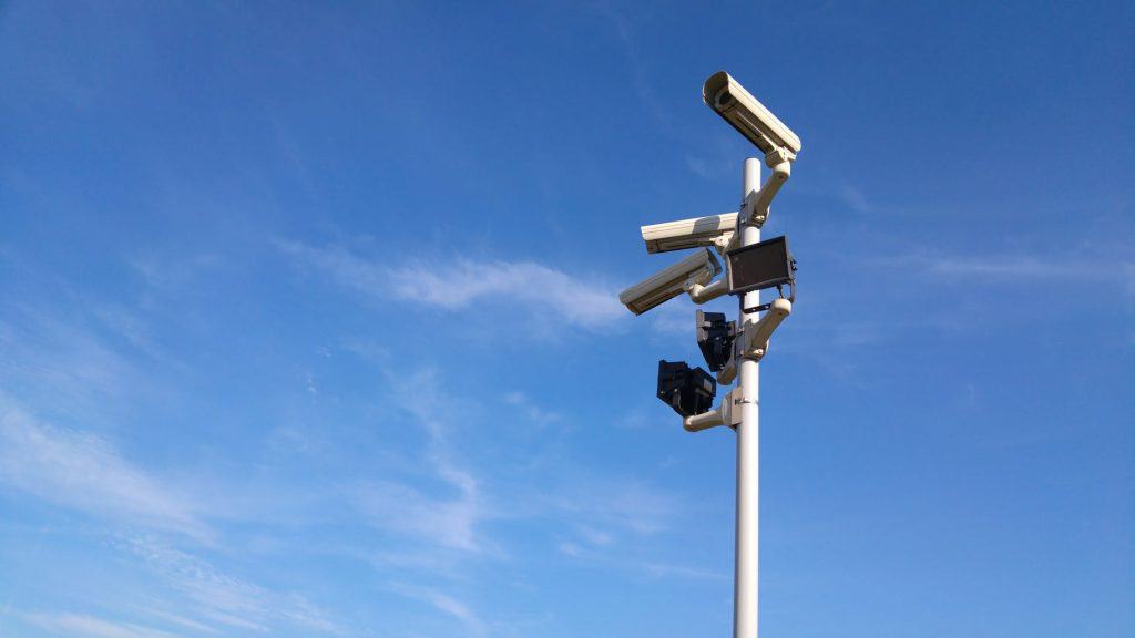 Security surveillance cameras on a pole