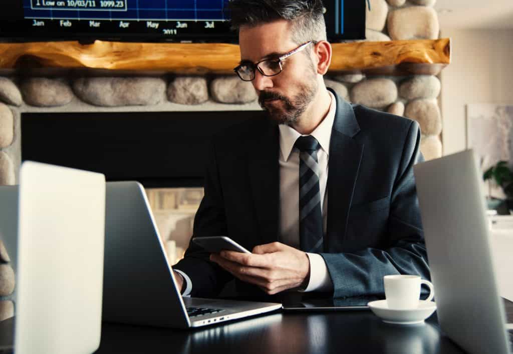 A businessman in front of the computer