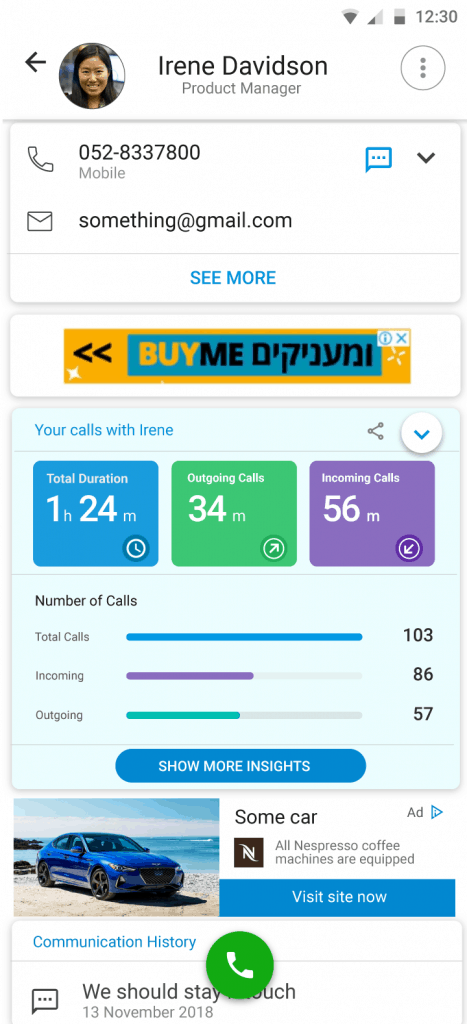 A screenshot of the personalized insights feature on CallApp