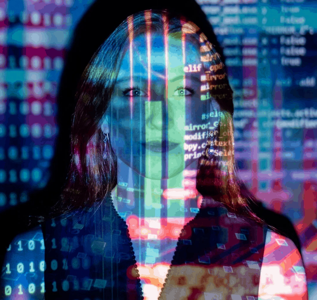 A woman with data projecting on her face