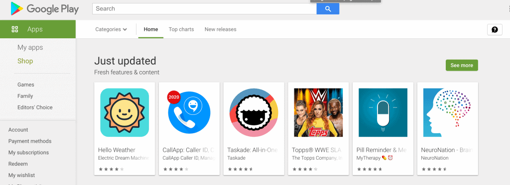 A screenshot of the front page of Google Play