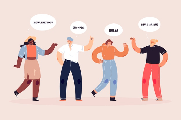 Illustrated characters communicating with one another in a variety of languages 